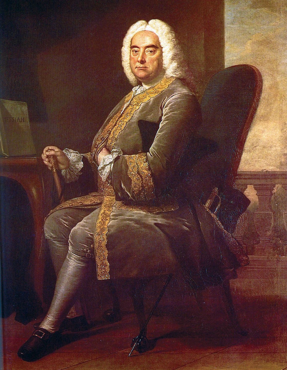Handel, blind, seated with his score to Messiah